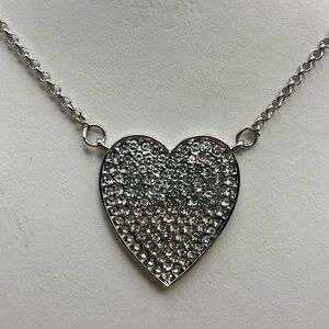 Silver Tone Pave Crystal Heart Pendant Necklace Vintage Style Sparkle Jewelry